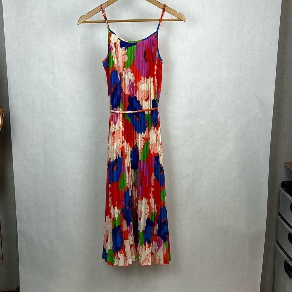 Sam Edelman Pleated Plisse Satin Belted Dress Sz S Multi Water Color Floral Midi